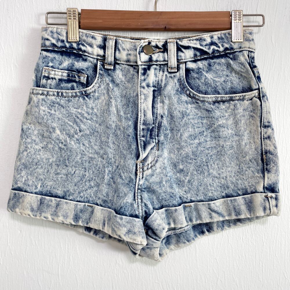 American Apparel Womens Y2K High Waist Denim Shorts 26 Blue Acid Wash Cuffed